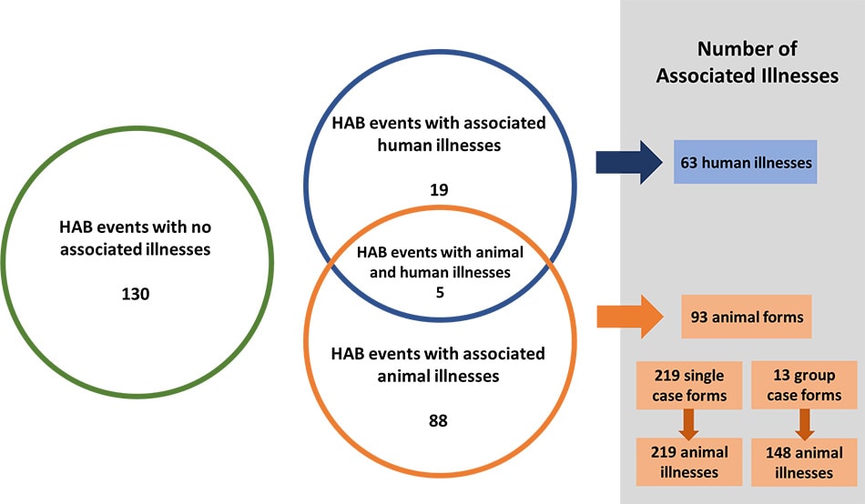 242 HAB events resulted in 63 human illnesses and 367 animal illnesses in 2019