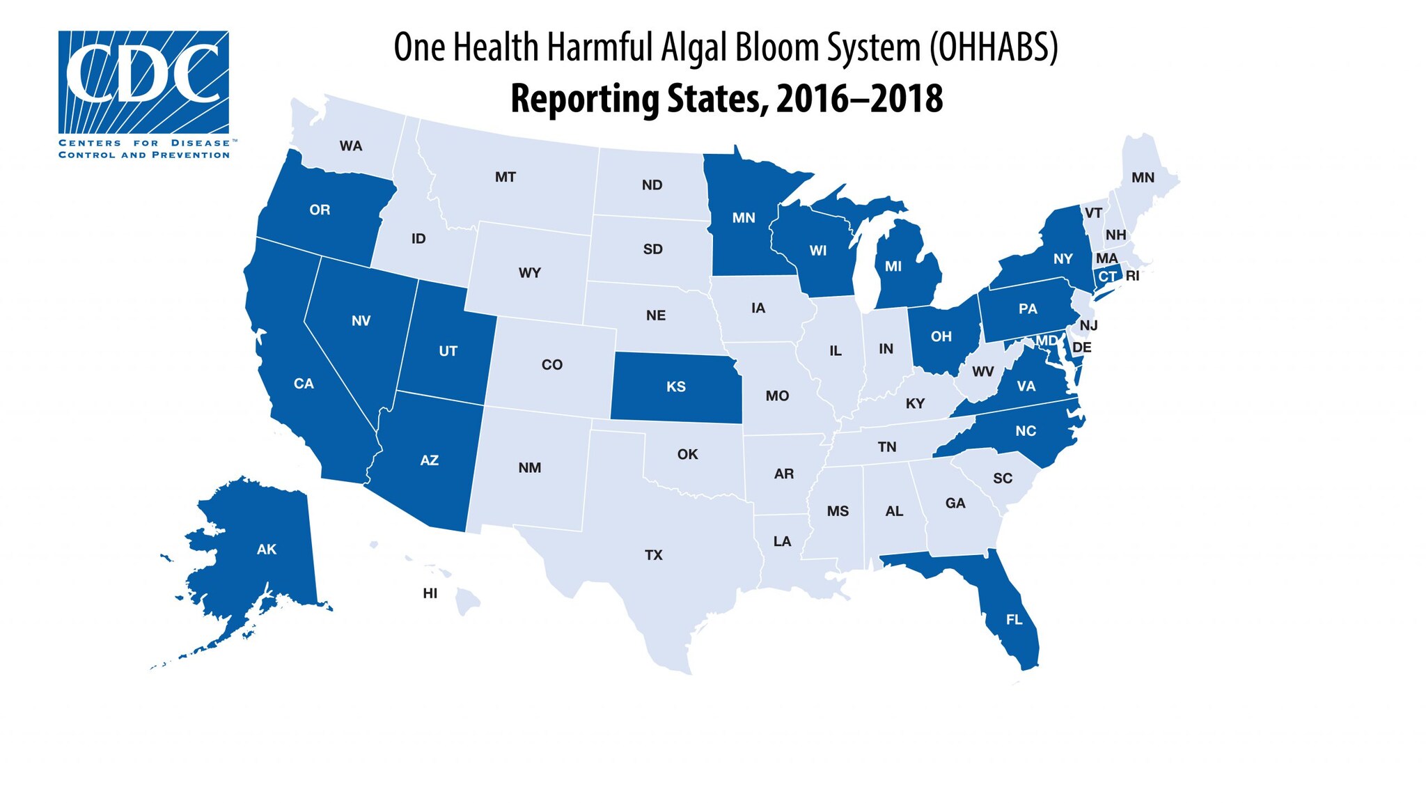 Map of the United States showing the 18 states that reported to OHHABS during 2016 to 2018.