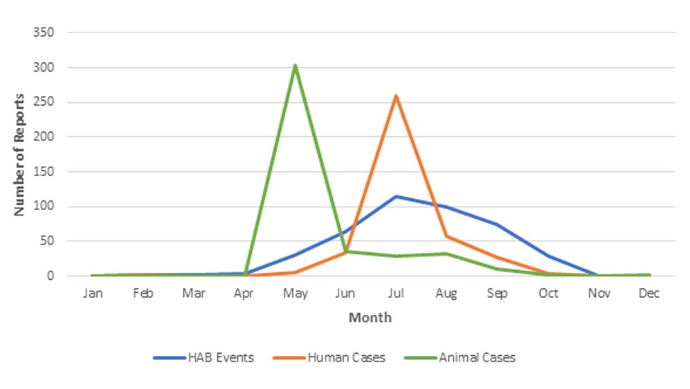 Graph of reported HAB events and cases by month. Animal cases spiked in May, human cases spiked in July, and HAB events spiked in July.