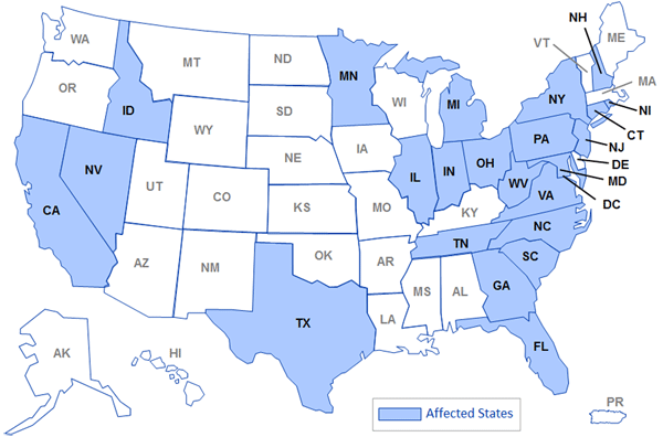 Image of map of Healthcare Facilities which Received Three Lots* of Methylprednisolone Acetate (PF) Recalled from New England Compounding Center on September 26, 2012