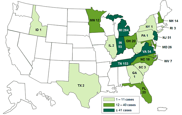 Mapa de los Estados Unidos con cifra de casos por estado 