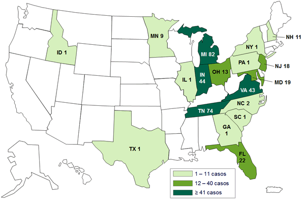 Mapa de los Estados Unidos con cifra de casos por estado