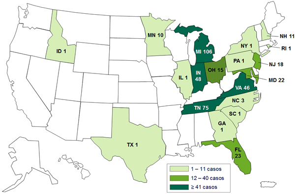 Mapa de los Estados Unidos con cifra de casos por estado