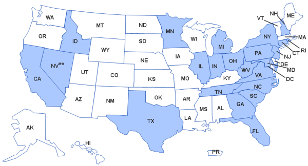 Imagen del mapa de los establecimientos que redibieron los tres lotes* de acetato de metilprednisolona del New England Compounding Center que fueron retirados del mercado el 26 de septembre del 2012.