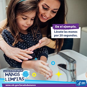 una madre que enseña a su hija a lavarse las manos y un recordatorio para enseñarles a los niños hábitos de lavado de manos.