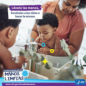 una madre que enseña a su bebé a lavarse las manos y un recordatorio para enseñarles a los niños hábitos de lavado de manos.
