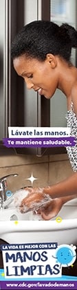 Imagen de una mujer que se lava las manos en el baño y un recordatorio para que el lavado de manos sea un hábito saludable.