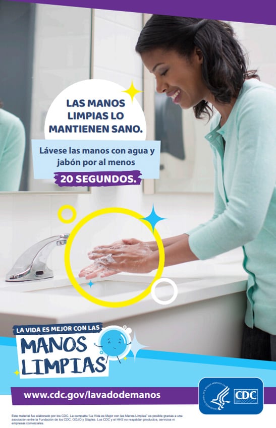 Una mujer que se lava las manos en el baño y un recordatorio para que el lavado de manos sea un hábito saludable.