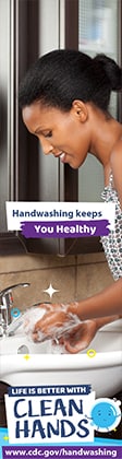 Image of a woman washing hands in a bathroom and a reminder to make handwashing a healthy habit.