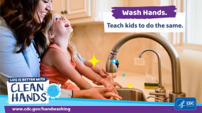 Close-up of a mother helping her daughter wash her hands and a reminder to teach kids handwashing habits.