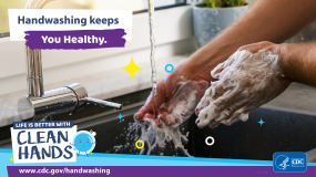 Close-up of a man washing his hands in a kitchen and a reminder to make handwashing a healthy habit.