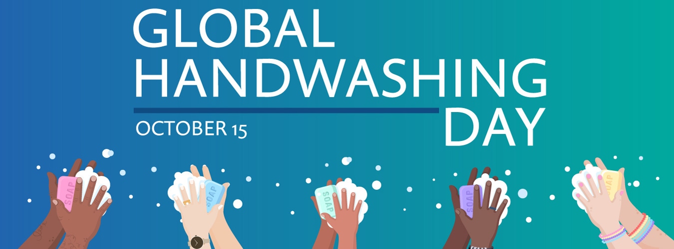 Global Handwashing Day banner with multiple hands holding soap and washing their hands.