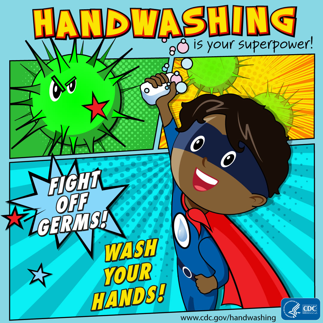 Handwashing is your superpower! Fight off germs! Wash your hands! A boy as the superhero for Instagram.