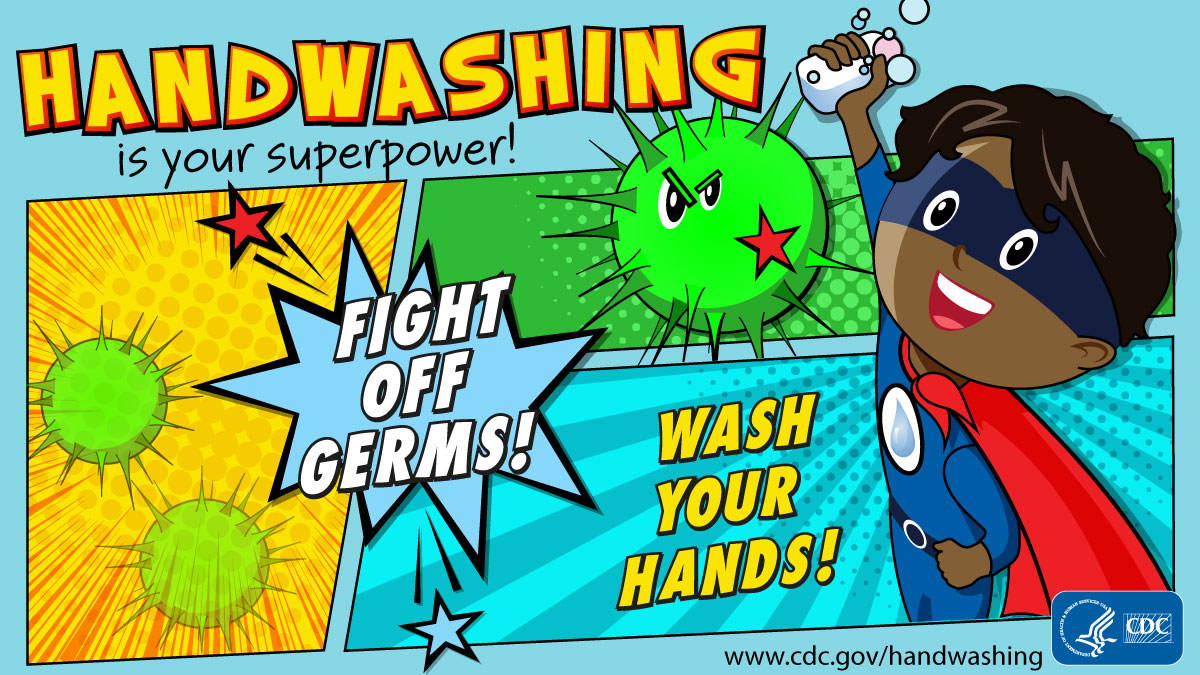 Handwashing is your superpower! Fight off germs! Wash your hands! A boy as the superhero.