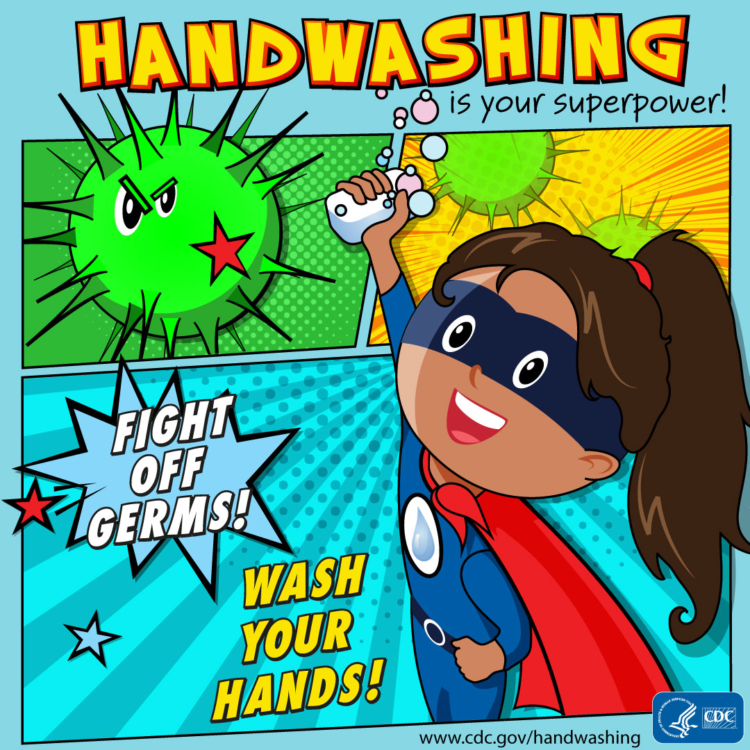 Handwashing is your superpower! Fight off germs! Wash your hands! A girl as the superhero for Instagram.