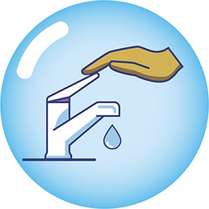Illustration: A hand turning on a water faucet
