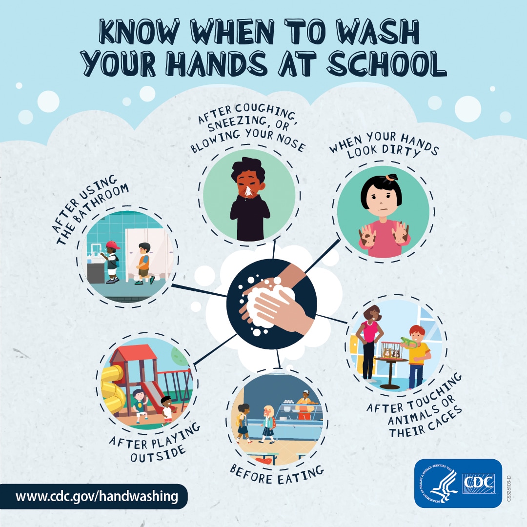 Image for social media showing 6 times you should wash your hands at school