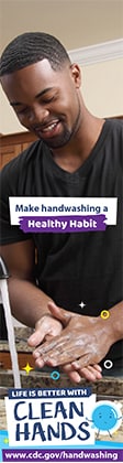 Image of a man washing his hands in a kitchen and a reminder to make handwashing a healthy habit.