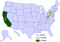 A map of the United States depicting case counts of hantavirus infection in people who recently visited Yosemite National Park by state o residence