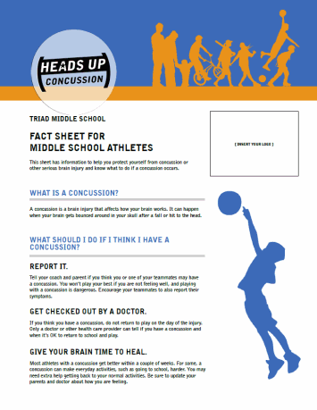 Concussion Fact Sheet for Middle School Athletes PDF image