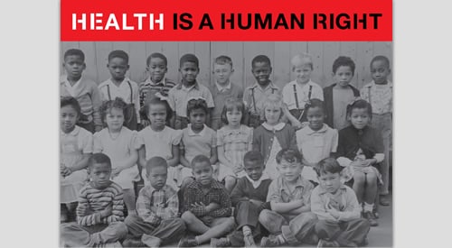 vintage image of diverse group of children with caption Health is a Human Right
