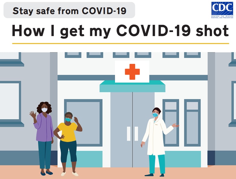 Page from Stay Safe from COVID-19 showing mother taking daughter for COVID-19 vaccine