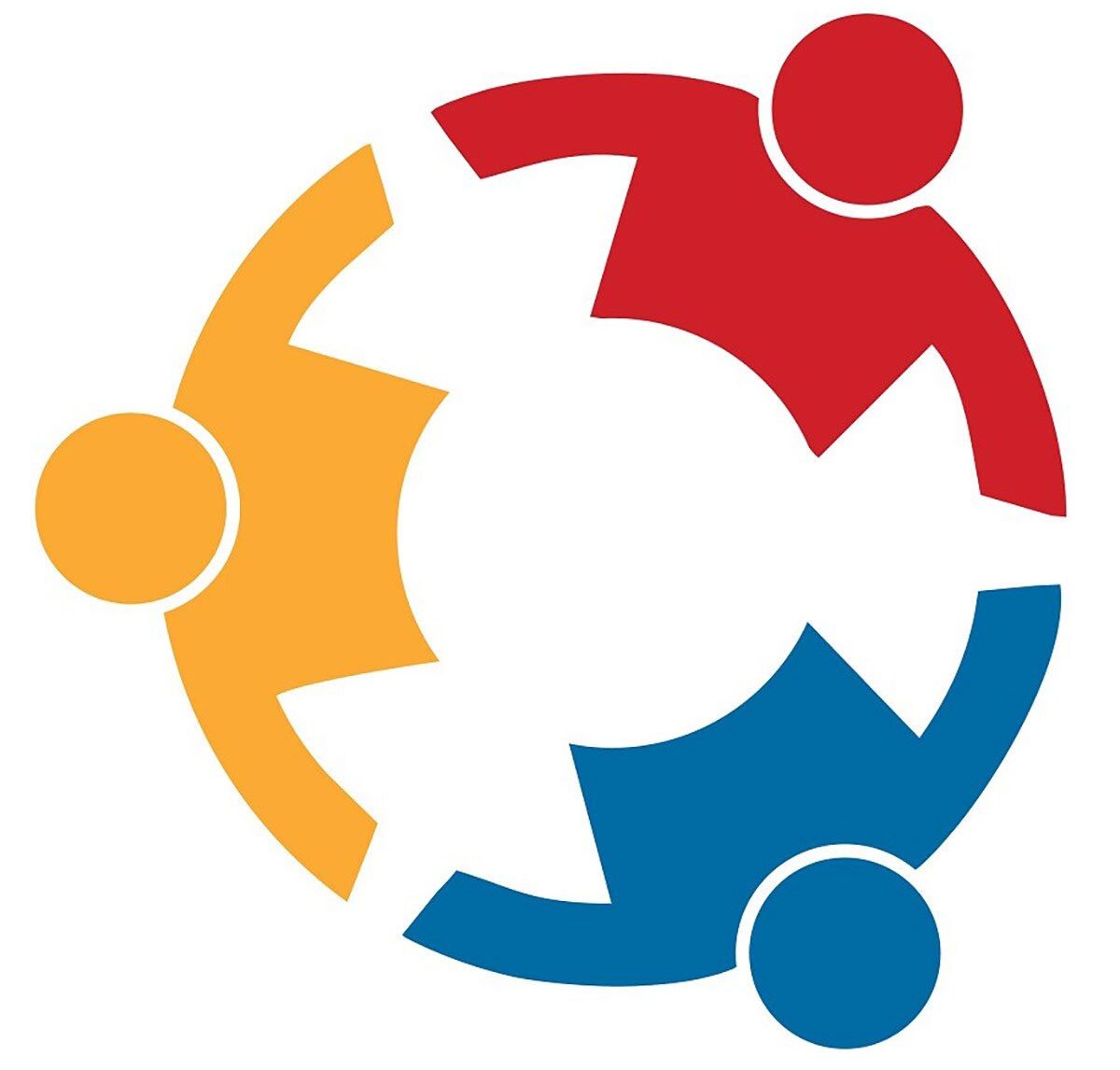 yellow red and blue human symbols in a circle with arms outstretched symbolizing collaboration