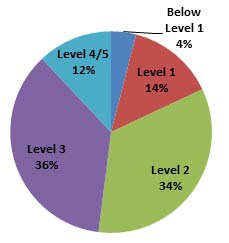 PIAAC* literacy scale pie chart. Below level 1: 4 percent. Level 1: 14 percent. Level 2: 34 percent.Level 3: 36 percent.Level 4/5: 12 percent.