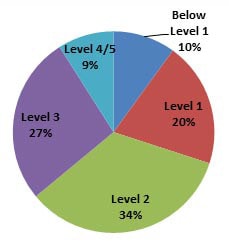 PIAAC* numeracy scale pie chart.  Below level 1: 10 percent. Level 1: 20 percent. Level 2: 34 percent.Level 3: 27 percent.Level 4/5: 9 percent.