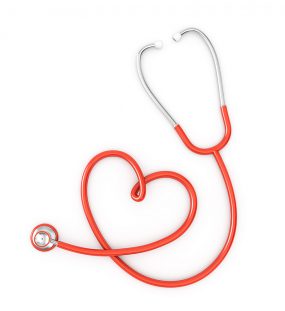Stethoscope with red tubing folded in the shape of a heart