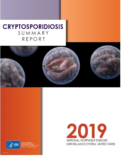 Cover for 2019 Crypto report of purple, white, and orange blocks with microscopic images of Cryptosporidium
