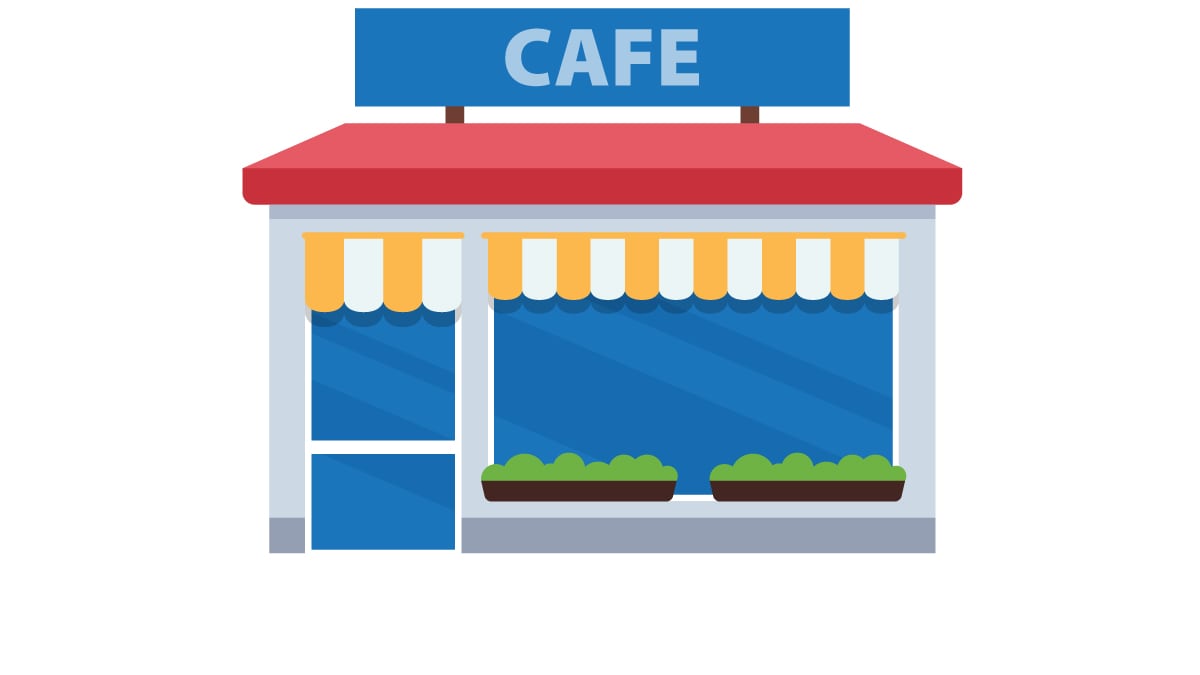 Drawing of a building with a cafe sign.