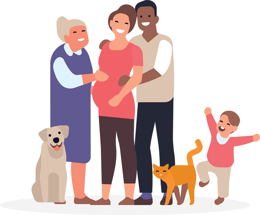 Illustration of family pets and dog