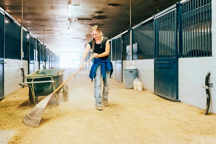 Woman cleaning stable.
