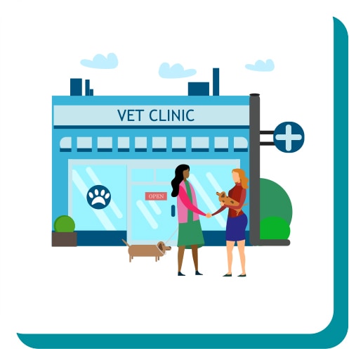 Illustration of two women in front of a vet clinic