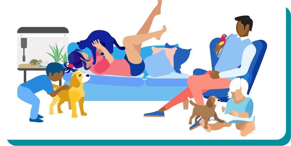 Illustration of family playing with pets