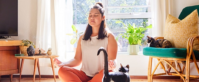 A young woman sitting on a mat and meditating at home with her cat nearby