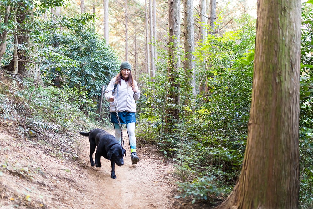 Woman hiking with her dog on a mountain forest path