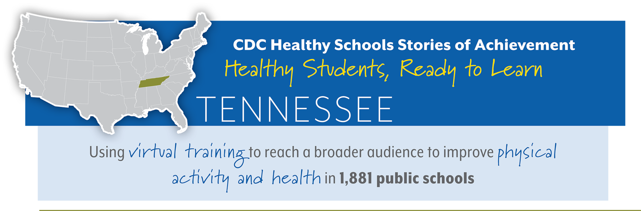 CDC Healthy Schools Stories of Achievement  Healthy Students, Ready to Learn  TENNESSEE Using virtual training to reach a broader audience to improve physical  actvit and health in 1,881 public schools