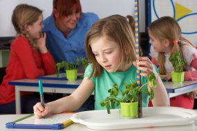 Girl measuring her plant's growth and taking notes.