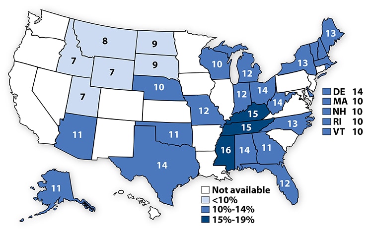 Percentage of high school students who had obesity,*2003 map image