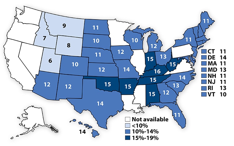 Percentage of high school students who had obesity,*2005 map image