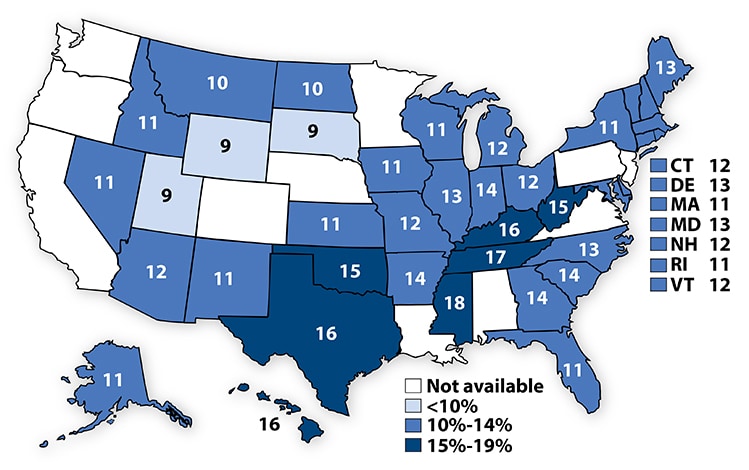 Percentage of high school students who had obesity,*2007 map image