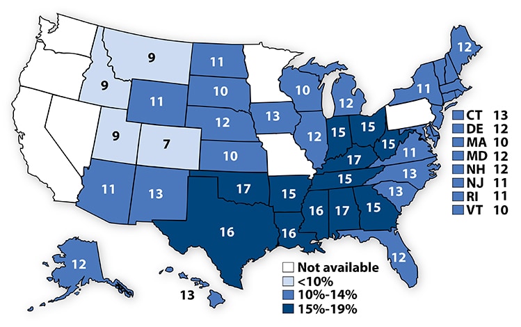 Percentage of high school students who had obesity,*2011 map image