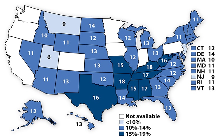 Percentage of high school students who had obesity,*2013 map image