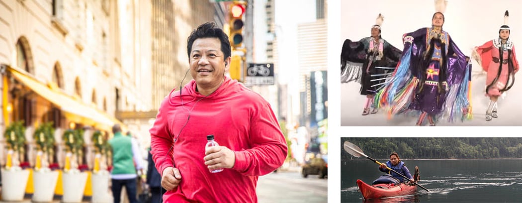 Three-photo collage of man jogging in the city, Native American woman kayaking and three young Native Americans participating in Powwow Sweat dance.