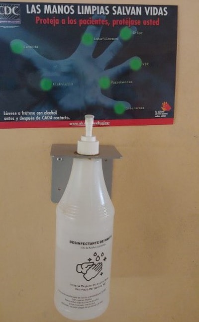Hand hygiene educational materials with locally produced alcohol-based hand rub at a hospital in Moca, Dominican Republic