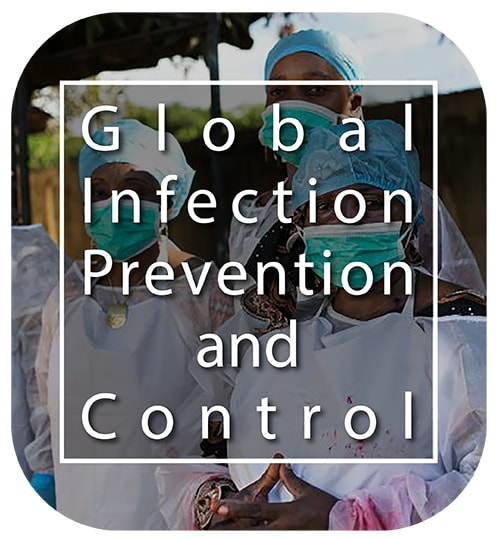 Global Infection Prevention and Control button with healthcare workers in the background.