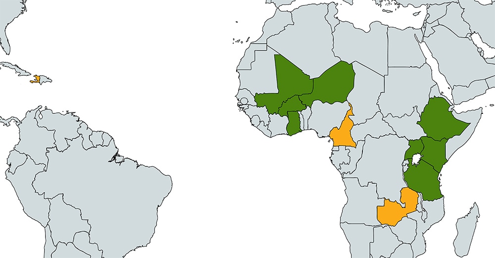 World map showing countries where the WASH program is, or has been, active.