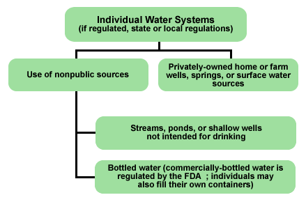 Illustration of Individual Water Systems which are divided into two areas. The first area is the use of non-public sources such as ponds, streams or bottled water and the second areas is privately-owned home or farm wells, springs, or surface water sources.